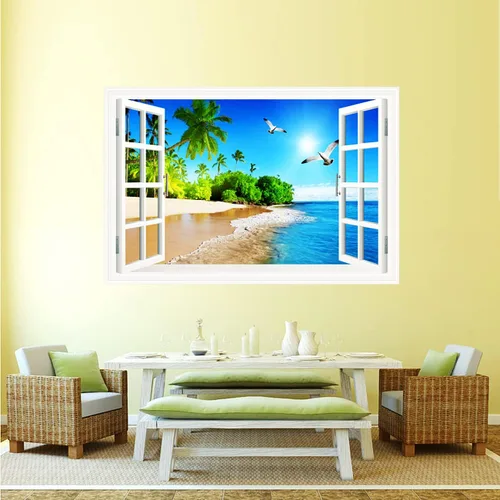 Vista 5 de 2 calcomanías autoadhesivas para pared, romántica, sala de estar, dormitorio, estudio, oficina, decoración de pared, paisaje del océano, calcomanía
