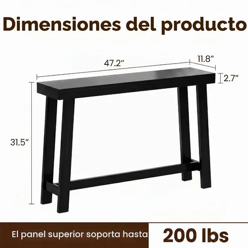 Vista 2 de 47" Console Table, Narrow Entryway Sofa Table, Behind Couch Table, Black Parte superior de 47.2 pulgadas de largo, soporte de 200 libras Negro