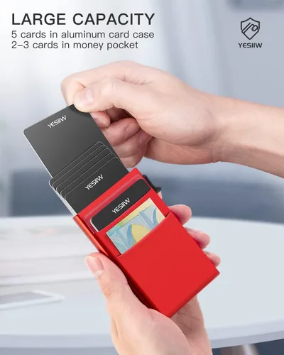 Vista 2 de YESIIW Pop up Slim Card Holder RFID Blocking with Money Pocket Minimalist Business Credit Card Wallet for Women and Men Aluminum Metal Bank Card