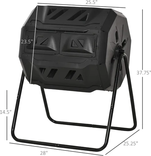 Vista 7 de Outsunny Cubo de compostaje giratorio para exteriores 360° de doble cámara, contenedor de compost de 43 galones, negro