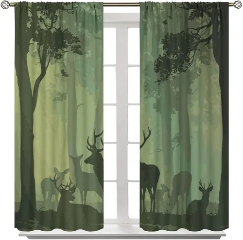 Vista 4 de Cortinas opacas con diseño de ciervos, bosque brumoso, rústico, vida silvestre, alce, montaña, pájaros, pino, bosque, cortinas de ventana