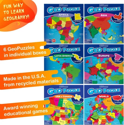 Vista 3 de GeoToys GeoPuzzle, juego de 6 rompecabezas de campo, juego de geografía y mapas, juegos educativos y actividades de aprendizaje para niños, regalos