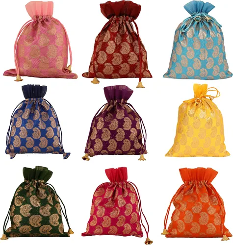 Vista 16 de Touchstone Bolsas con cordón de tela tradicional india, hechas a mano, perfectas para regalos, joyas, bodas, bolsas, bolsas, Potli, -Mimosa