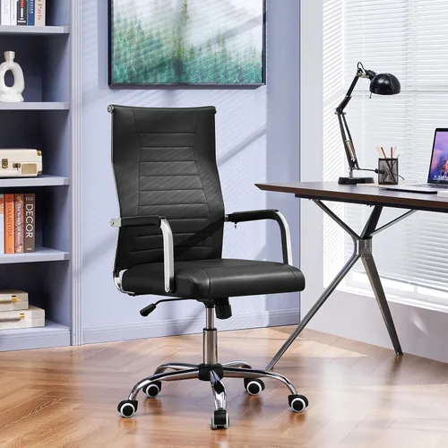 Vista 4 de Yaheetech - Silla de oficina giratoria de piel sintética acanalada, color negro Ribbed PU leather back on a chrome frame fits home offices and