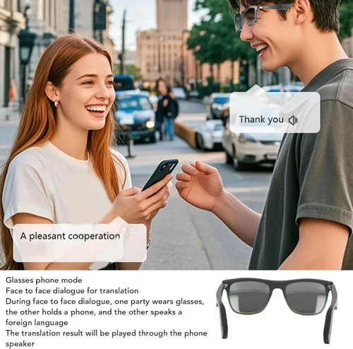 Vista 4 de Tnfeeon Lentes de sol inteligentes, lentes de reproducción de música AI con traducción de 144 idiomas, cámara de control táctil para hombres