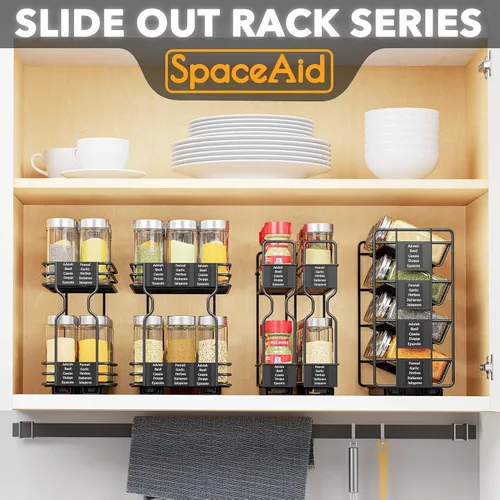 Vista 6 de SpaceAid Organizador de especias extraíble con 20 frascos, organizador de condimentos deslizante de servicio pesado para gabinetes de cocina