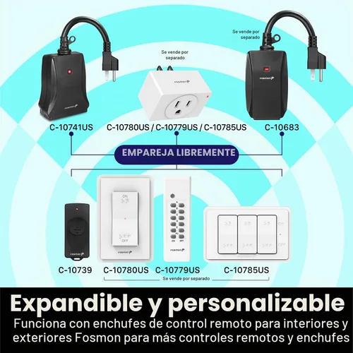 Vista 5 de Fosmon - Salida eléctrica con control remoto para interiores y exteriores con 2 mandos a distancia inalámbricos, enchufe eléctrico con interruptor