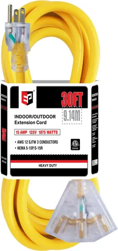 Vista 31 de EP Cable de extensión de 3 pies, 12/3 SJTW 3 tomas de corriente eléctrica Negro