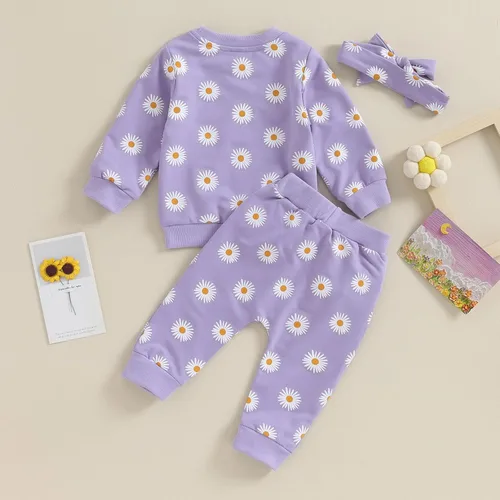 Vista 7 de Conjunto de 3 piezas de sudadera de margaritas + pantalones + diadema, ropa infantil de otoño e invierno