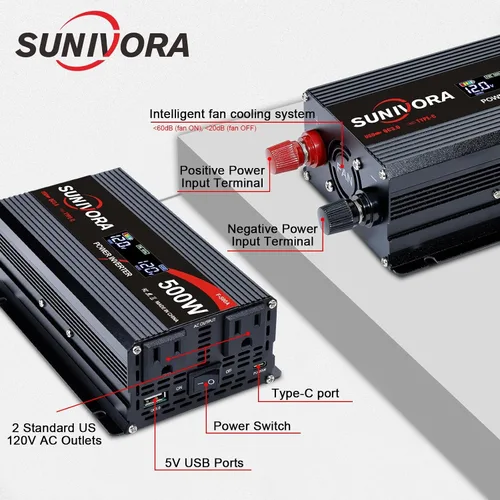 Vista 4 de Inversor de corriente para automóvil de 500 vatios, 12 V CC a 110 V/120 V, convertidor de CA de 1000 W pico con pantalla LCD, 2 salidas de CA y PD