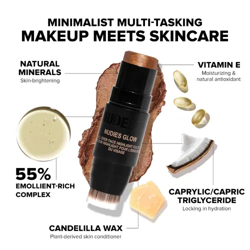 Vista 3 de Nudestix Nudies Glow - Resaltador en crema multiusos para mejillas, ojos y cuerpo con cepillo integrado, acabado radiante, maquillaje limpio, vegano
