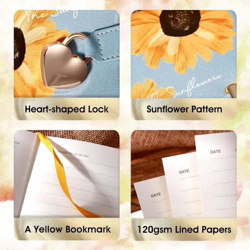 Vista 3 de Diario infantil de cuero sintético con candado y llave, agenda de viaje, agenda, cuaderno secreto de notas para mujer, 5.3 x 8.4 pulgadas, girasol