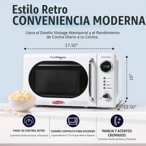 Vista 2 de Nostalgia Horno microondas compacto retro para encimera, 0.7 pies cúbicos, 700 vatios con pantalla digital LED, bloqueo para niños, interior fácil