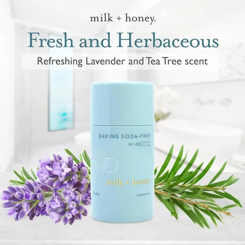 Vista 3 de milk + honey Desodorante No. 09 - Desodorante natural sin bicarbonato de sodio, sin aluminio para mujeres y hombres, aroma a lavanda y árbol de té