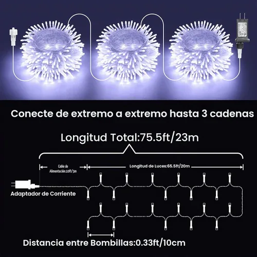 Vista 6 de Luces de Navidad para interiores y exteriores, tira de 200 luces LED para Navidad, de 23 m, con 8 modos, se puede conectar con otras tiras 2-Blanco