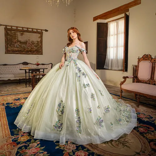 Vista 3 de Zhangyo Dulce 15 16 vestidos de quinceañera fuera del hombro vestido de bola hinchado con tren flores 3D vestido de fiesta de cumpleaños