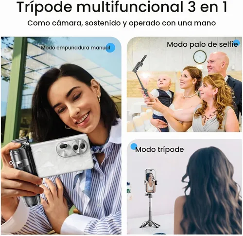 Vista 6 de Trípode para selfie stick con luz de relleno y control remoto Negro