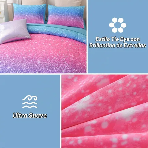 Vista 3 de A Nice Night Juego de ropa de cama de 6 piezas con purpurina degradada para niñas, tamaño completo, juego de edredón colorido de galaxia arcoíris