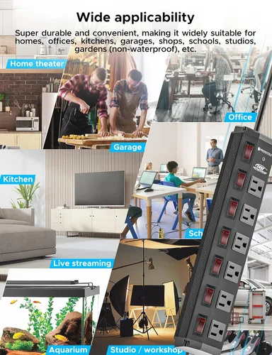 Vista 9 de CRST Regleta de alimentación de metal de 6 tomas con interruptores individuales, protector contra sobretensiones montable para garaje, taller