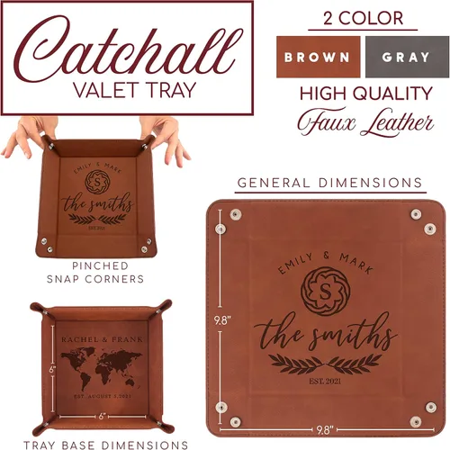 Vista 3 de Regalos personalizados para parejas, bandeja de cuero grabada con nombre y fecha, regalos para aniversario, regalos de inauguración de la casa