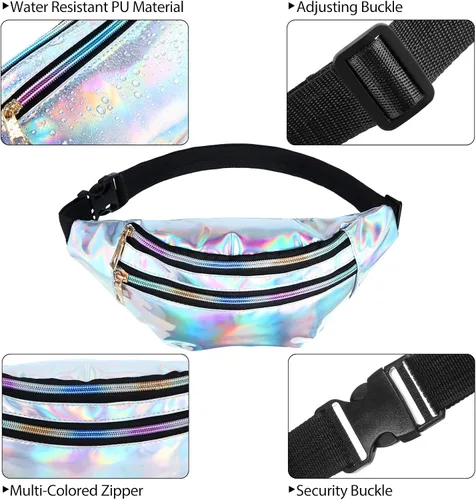 Vista 3 de Riñonera holográfica de 3 piezas para mujeres, hombres y niños, cintura deportiva de color metálico con bolsas y cinturón ajustable, paquete