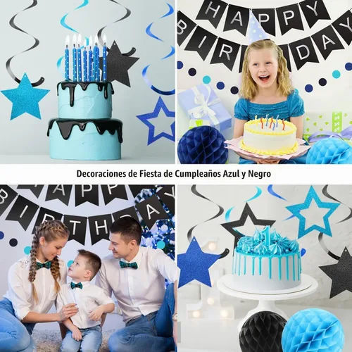 Vista 4 de meowtastic Birthday Decorations Happy Birthday Banner with Honeycomb Balls Negro y azul