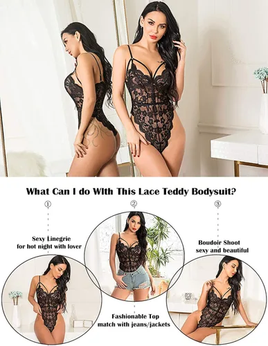 Vista 5 de Avidlove - Lencería de encaje de una pieza para mujer, minibabydoll, minileotardo