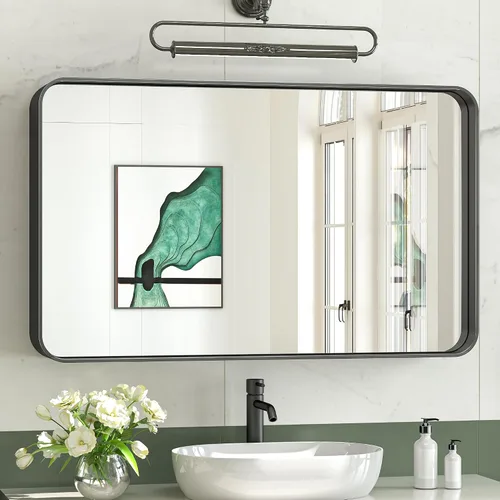 Vista 23 de TokeShimi Espejo de pared de baño de níquel cepillado de 20 x 30 pulgadas, marco de metal, esquina redonda, rectangular, para decoración del hogar