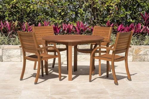 Vista 16 de Brampton Patio Brampton Coventry - Juego de comedor rectangular de 5 piezas, acabado de teca oscura y sillas apilables, ideal para patio y exteriores