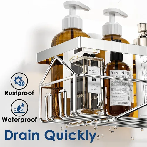Vista 4 de Estante de ducha con adhesivo, organizador de baño de acero inoxidable sin taladro, estantes de almacenamiento de baño inoxidables para ducha