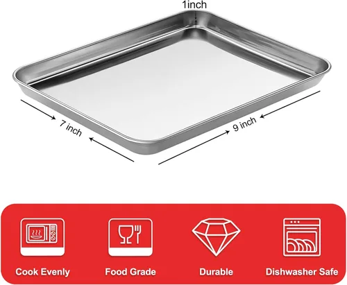 Vista 2 de Bandeja para hornear, bandeja para galletas de acero inoxidable, bandeja para hornear para horno tostador, tamaño 9 x 7 x 1 pulgadas, no tóxica