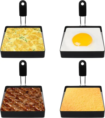 Vista 8 de 4 Pack Egg Rings for Frying Eggs with Foldable Handle, Stainless Steel Square & Round Egg Shaper, Eggs Mcmuffin Ring Mold for Camping Pancake