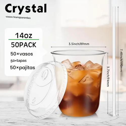 Vista 3 de Ziliny 50 juegos de vasos de plástico transparente con tapas y pajitas, vasos desechables para café helado a granel PET para vino, cóctel, batido