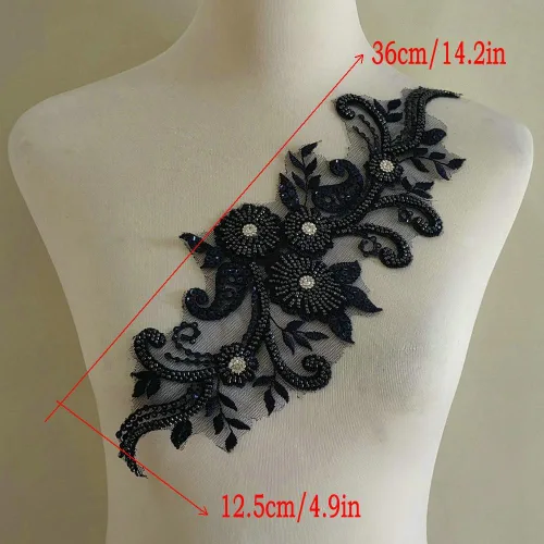 Vista 3 de Apliques de encaje con cuentas 3D Luz Lujo Ropa Collar Ramillete Bordado Accesorios (azul oscuro)