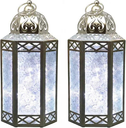 Vista 53 de VELA LANTERNS Juego de 2 portavelas decorativos de LED con luces de hadas de 12" de metal marroquí para colgar o mesa, decoración del hogar