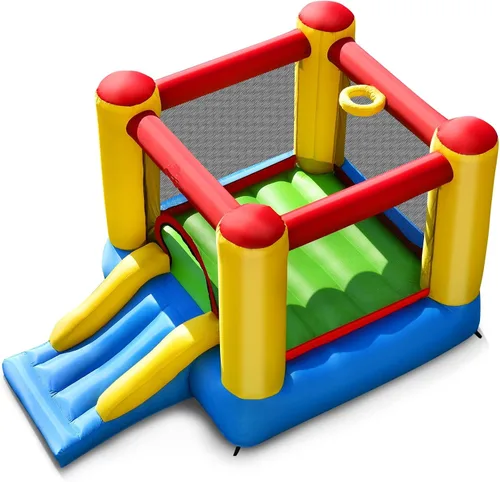 Vista 9 de OLAKIDS Castillo inflable para rebotar, castillo de salto con tobogán, área de rebote, malla de poliéster, borde de baloncesto, casa hinchable