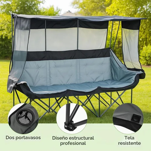 Vista 7 de Silla de campamento de gran tamaño para 3 personas con toldo totalmente acolchada para exteriores, plegable, apta para acampar al aire libre, césped