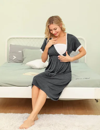 Vista 4 de SWOMOG Mujeres 3 en 1 PartoLaboroLactancia Camisón Manga Corta Plisado Maternidad Ropa de Dormir para Amamantar