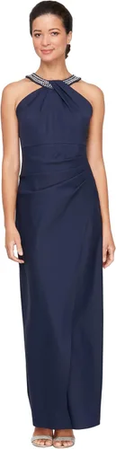 Vista 8 de Alex Evenings - Vestido largo adelgazante para mujer con falda lateral fruncida y volante en cascada Negro