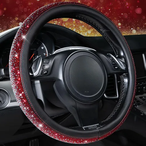 Vista 18 de CAR PASS Funda para volante de cuero beige con diamantes brillantes, cristales blancos brillantes con purpurina y pedrería, ajuste universal de 14