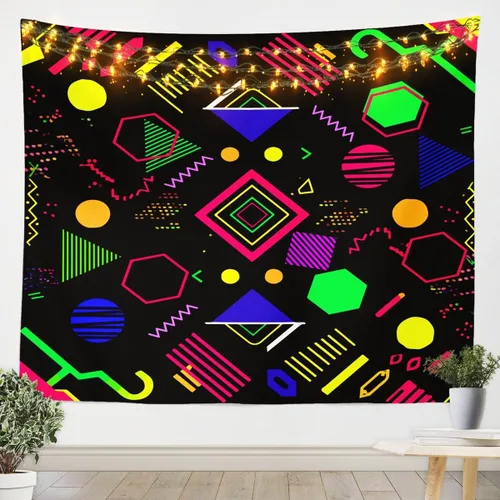 Vista 5 de Tapiz retro de los años 80 y 90, tamaño pequeño de 51 x 59, tapices geométricos abstractos urbanos modernos y colgantes de pared triangulares, arte
