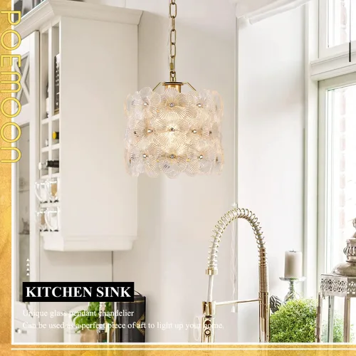 Vista 5 de Lámpara colgante de cristal dorado, paquete de 1 lámpara colgante de techo pequeña con flores modernas, 1 luz para cocina, isla, fregadero, comedor