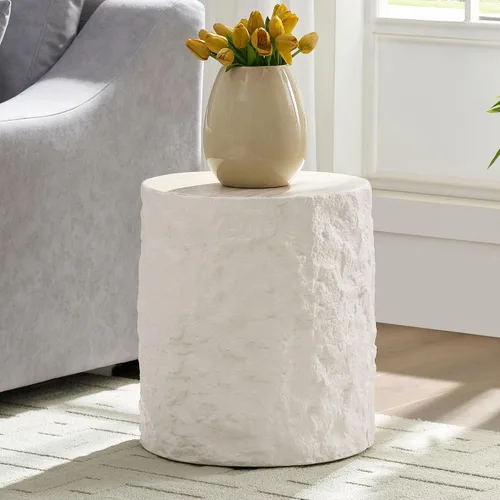 Vista 4 de WILLIAMSPACE Mesa auxiliar redonda de 15.75" con patrón de piedra de cemento para sala de estar, mesa auxiliar moderna circular de fibra de vidrio
