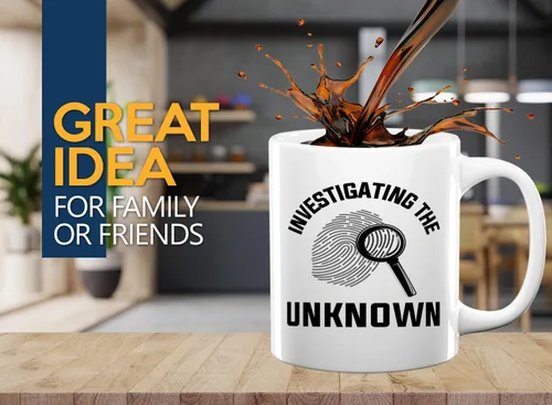 Vista 2 de Taza de café de detective de 11 onzas, color blanco - Investigando lo desconocido - oficial de policía policía patrulla detective sheriff aplicación