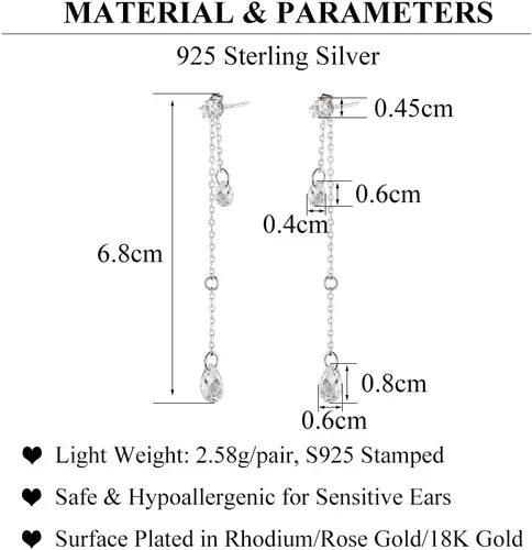 Vista 7 de SLUYNZ Solid 925 Sterling Silver CZ Droplet Dangle Earrings Chain for Women Teens Teardrop Wedding Dangling Earrings Tassel Sparkling CZ Studs Chain