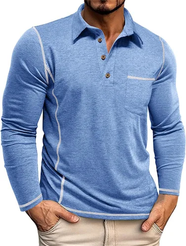 Vista 8 de Polo para hombre, manga larga, cuello clásico, algodón, botón básico, elegante, con bolsillo en el pecho