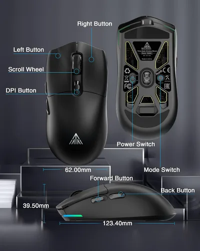 Vista 7 de SM800 - Ratón inalámbrico para juegos, 26K DPI, 2.05 oz, ultra ligero, trimodo tipo C, con cableBluetooth2.4GHz, botones programables, compatible