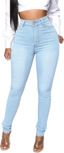 Vista 51 de KUNMI - Pantalones de mezclilla clásicos de cintura alta para mujer, elásticos, con efecto de levantamiento de glúteos, ajustados