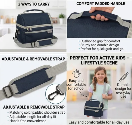 Vista 5 de Bentology Insulated Lunch Bag Cooler Tote Double Decker w Adjustable Strap Blue Grey