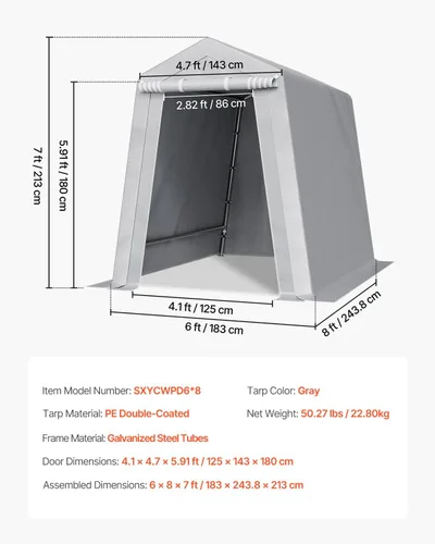 Vista 7 de VEVOR Cobertizo Tienda de Almacenamiento Exterior Portátil Resistente de 6 x 8 x 7 pies, Refugio de Cochera Garaje Impermeable con Puerta Enrollable